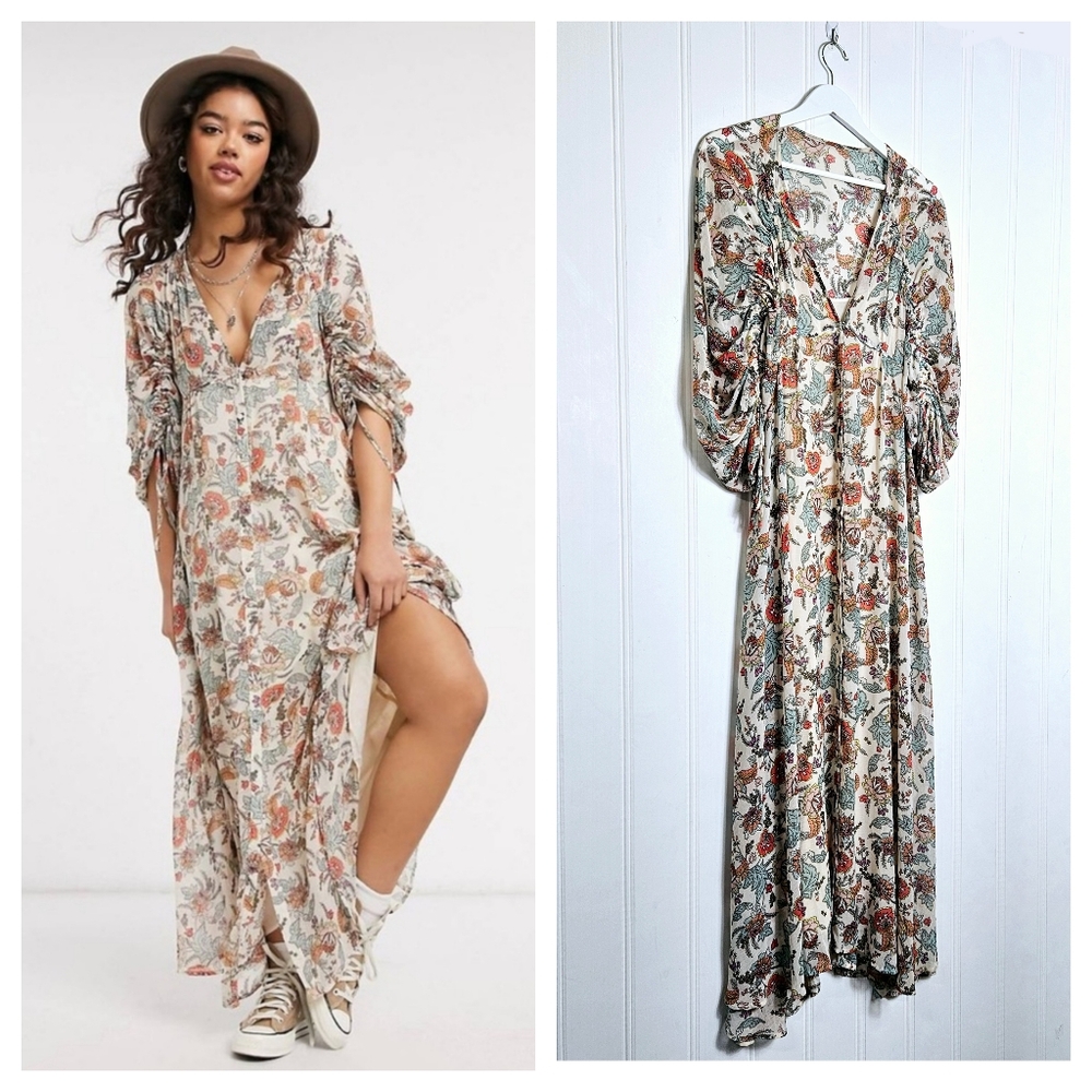Free People Maxi Dress XS Earthfolk Tea Combo Floral Boho Cottagecore Ivory Gown